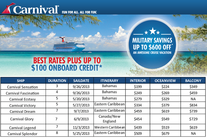 Military Discount Cruises from Carnival Fall and Summer 2013